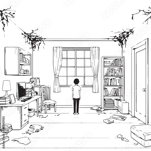 messy room, cluttered space, vector illustration, black and white