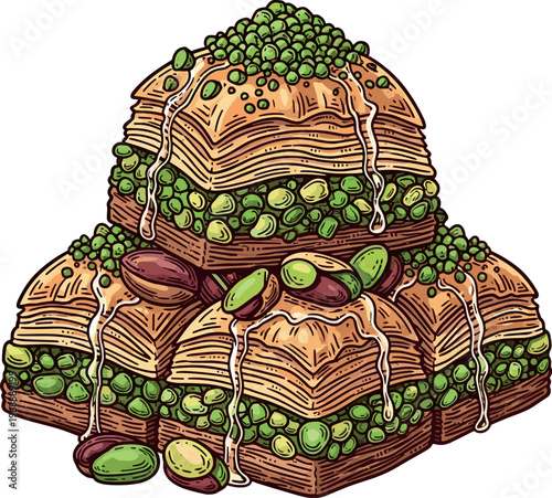 A pyramid of traditional baklava pastry with pistachios and honey