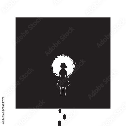 Minimalist silhouette, girl standing alone, black background, white moonlight