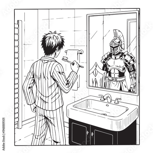 Man in pajamas shaving, sees gladiator reflection in bathroom mirror, comic illustration
