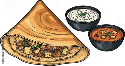 A delicious Indian dosa with two bowls of chutney and sambar