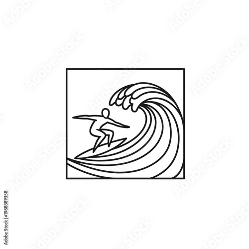 Minimalist black and white line art depicting a surfer riding a large wave in a square frame