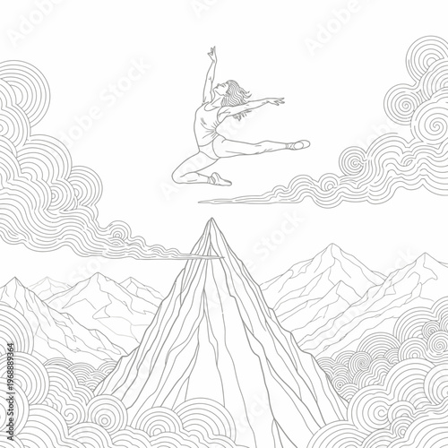 A ballerina leaps above mountain range, rendered in a line drawing style with decorative clouds