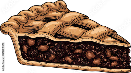 A slice of chocolate pie with a lattice crust on a white background