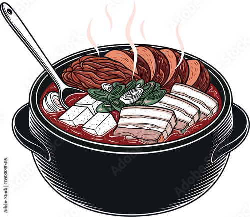 A steaming hot pot filled with meat and tofu in a savory broth