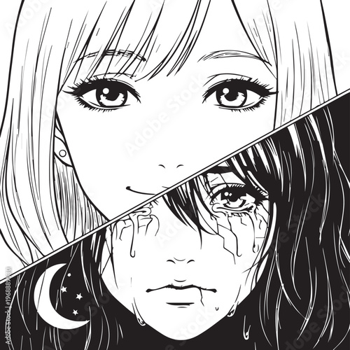 Split face illustration, contrasting emotions, manga style portrait, black and white, dual expression