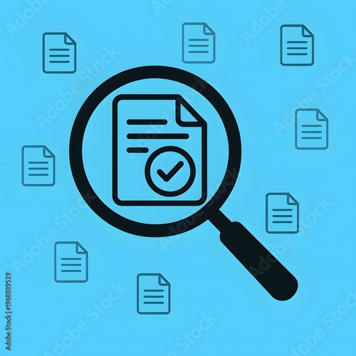 Magnifying glass hovers over a document icon with a checkmark, surrounded by other document icons, signifying thorough examination.