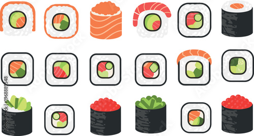 A variety of colorful sushi rolls and nigiri arranged in rows on a plain background