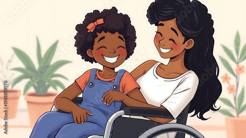 Disabled Girl Smiling with Mother in Wheelchair