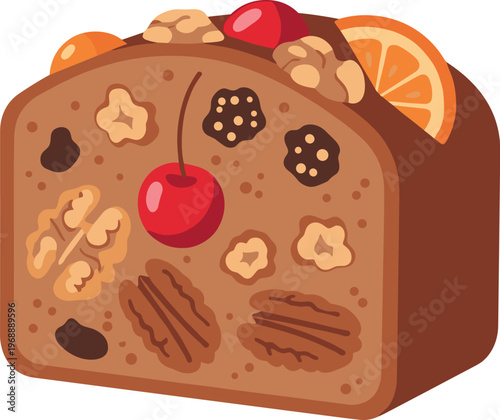 A delicious slice of fruitcake with nuts and dried fruits