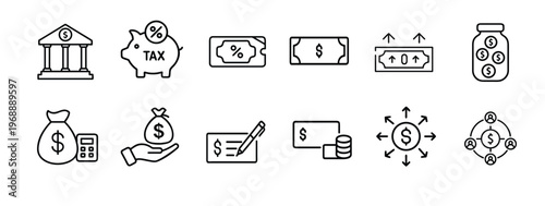 Tax return and business accounting outline icon set featuring tax calculator, financial budget calendar, payment invoice, piggy bank savings, and money bag investment vector illustration on stroke