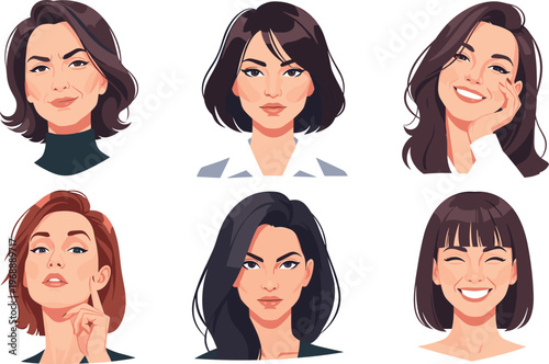 A diverse group of six cartoon women with different hairstyles and expressions