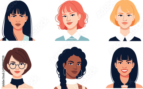 A diverse group of six cartoon women with different hairstyles and expressions