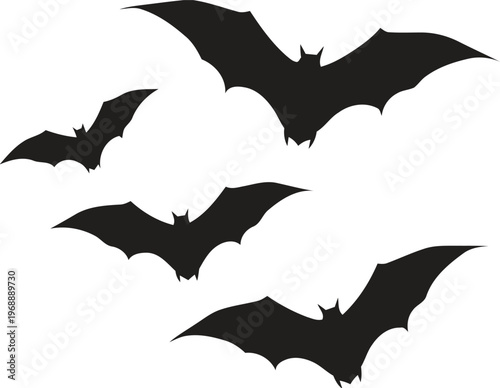 A silhouette illustration depicts five bats in flight against a plain white background