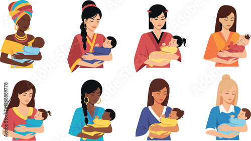 A diverse group of mothers from different cultures breastfeeding their babies