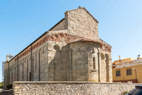 The Basilica of San Simplicio in Olbia, Sardinia, Italy. Historic Romanesque church built in granite stone, one of the most important religious landmarks in northern Sardinia.