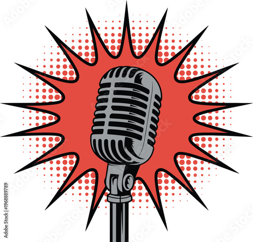 Pop art vintage mic illustration, silver microphone with bright yellow background and red comic starburst for retro broadcast and music design.