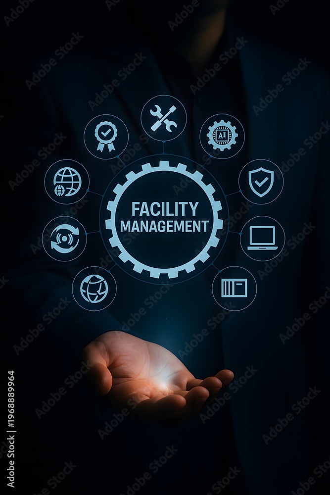 Fototapeta premium Facility management concept with businessman holding holographic system icons for building maintenance and operations
