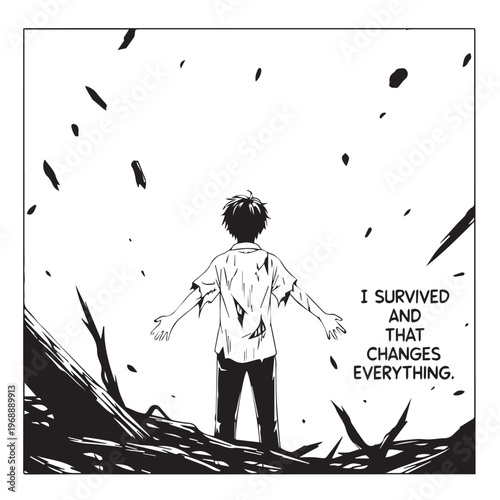 Dramatic manga comic book panel, emotional survivor, inspirational quote, black and white vector illustration