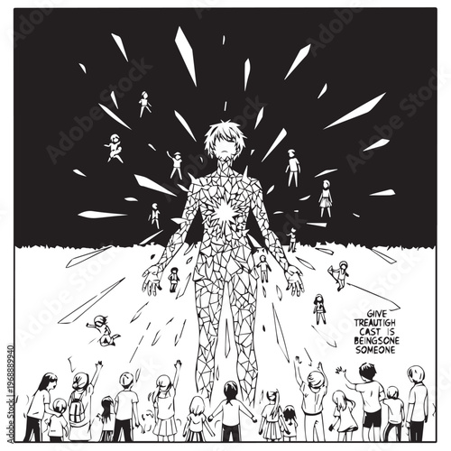 Dramatic Manga Style Illustration, Comic Book Art, Black and White Vector, Emotional Explosion Scene