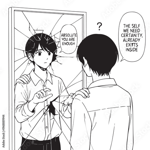 Inspirational manga comic, self-doubt illustration, motivational speech bubble, broken mirror