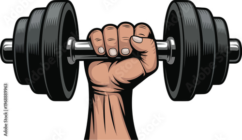 Dumbbell hand illustration, close up of hand holding stacked weight plates isolated on white for fitness, strength training, and gym design.