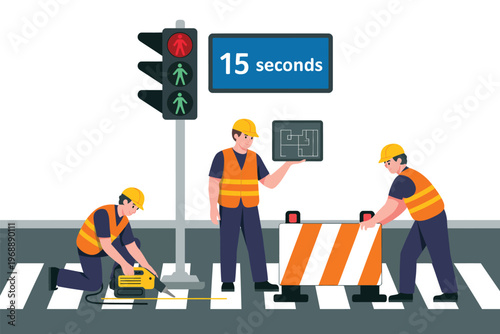 Construction workers traffic signal illustration, crew setting temporary lights and barriers on pedestrian crossing for roadwork safety and urban infrastructure.