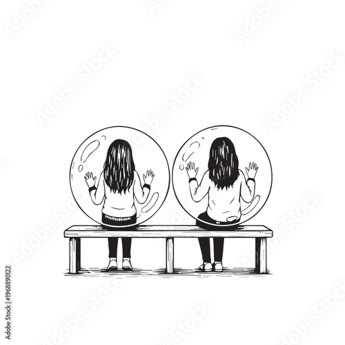 Social distancing, isolated people, bubble illustration, black and white, vector graphics