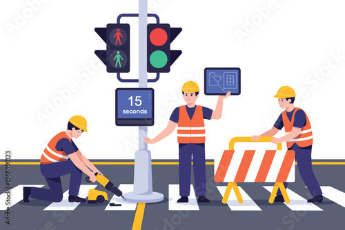 Roadwork construction workers illustration, crew installing temporary traffic signal and barriers on pedestrian crossing for safety and urban infrastructure.