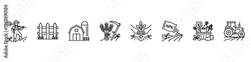 Agriculture and Farming Icon Set - Linear Vector Illustration of Farmer, Barn, Tractor, Wheat, and Harvesting