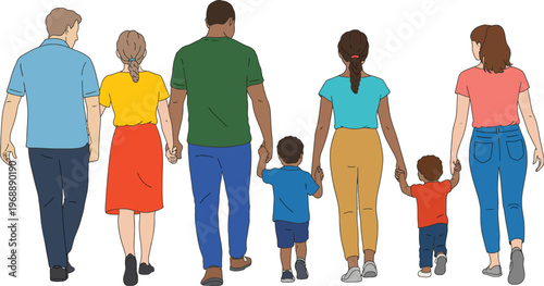 Family unity walking illustration, diverse parents and children back view holding hands representing love, community, and togetherness concept.