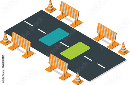 Roadblock barricades illustration, isometric traffic cones and barriers for construction safety, road closure, and traffic control design.