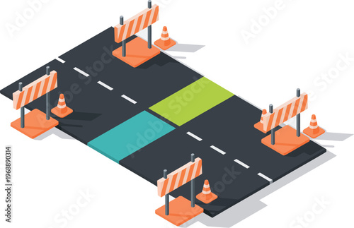 Isometric roadblock cones illustration, barricades and traffic cones for construction safety, road closure, and traffic control in urban design.