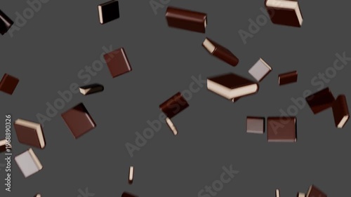 3d books floating down from above, on a solid colour background