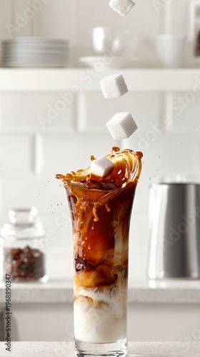 Sugar cubes falling into glass of iced coffee with milk splash