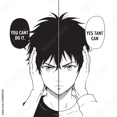 Split personality manga, contrasting thoughts, inner conflict, black and white illustration, motivational quotes, vector cartoon