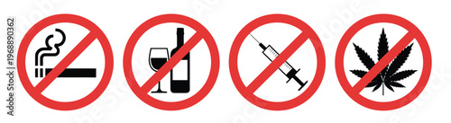 No smoking alcohol drugs illustration, prohibition icon set with red circle symbols for addiction prevention, safety awareness, and warning signage.