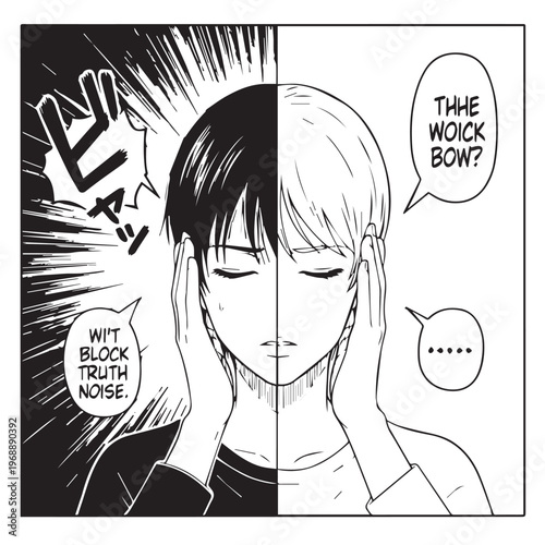 Manga comic panel, split face, black and white illustration, emotive expressions, comic book art