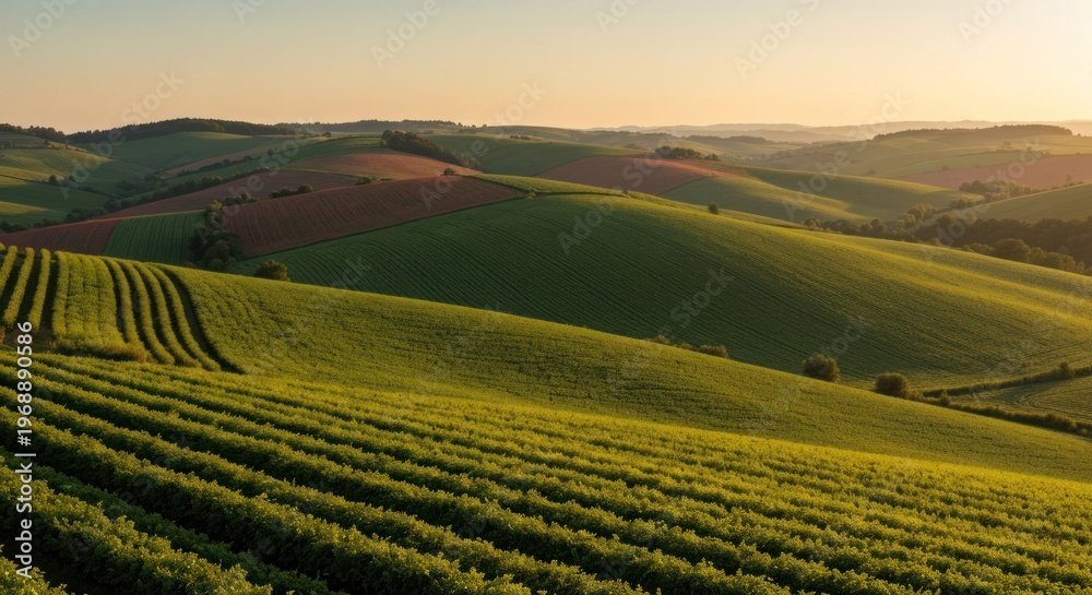 Fototapeta premium Rolling green hills and fields bask in the warm glow of the setting sun