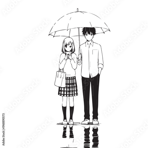 cute anime couple, standing under umbrella, manga style illustration, black and white