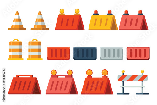 Construction safety equipment illustration, traffic cones plastic barricades and reflective markers in bright orange and white for roadwork safety.