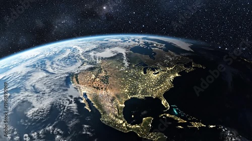 Earth from space with illuminated North America and starry sky