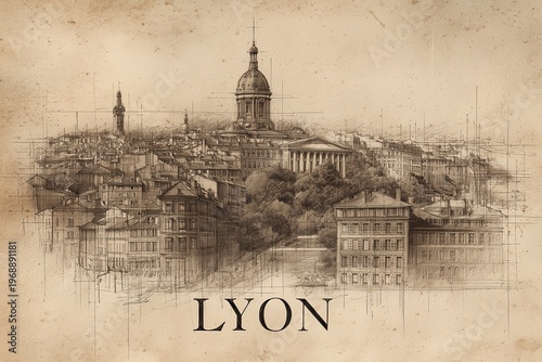 An intricate illustration of Lyon showcases its classic buildings and iconic landmarks in soft sepia tones. The detailed artwork captures the city’s rich cultural heritage.