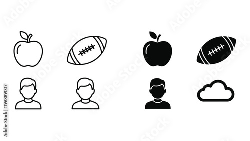 Simple icons depicting everyday objects and human figures in contrasting styles