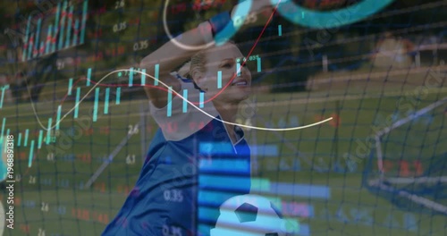 Celebrating goal, soccer player with financial data charts animation overlay