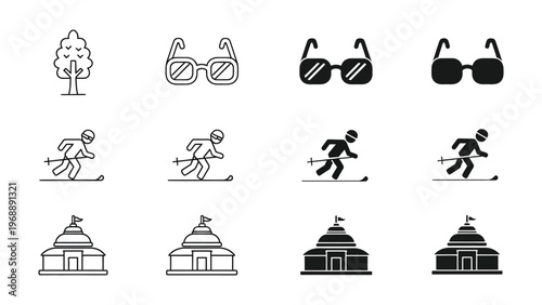 Evolution of winter sports and architectural styles through visual symbols