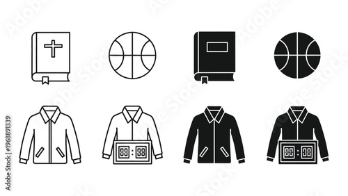 Uniforms and symbols representing various school-related activities and subjects
