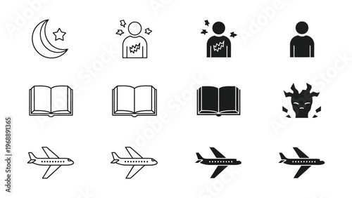 Collection of icons representing fantasy, literature, and travel themes