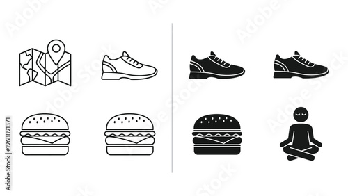 Iconic symbols representing lifestyle choices and activities