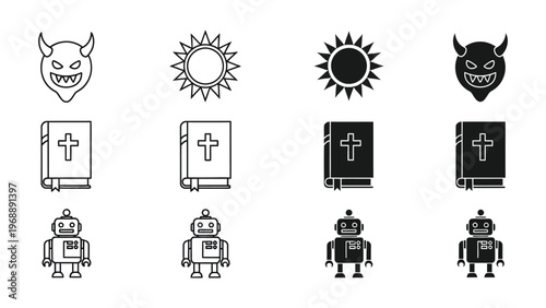 Contrast of mythical, celestial, and robotic elements in symbolic iconography
